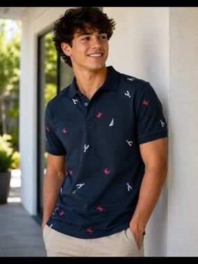Nautixa Men's Navy Polo Shirt with Red & White Embroidery S